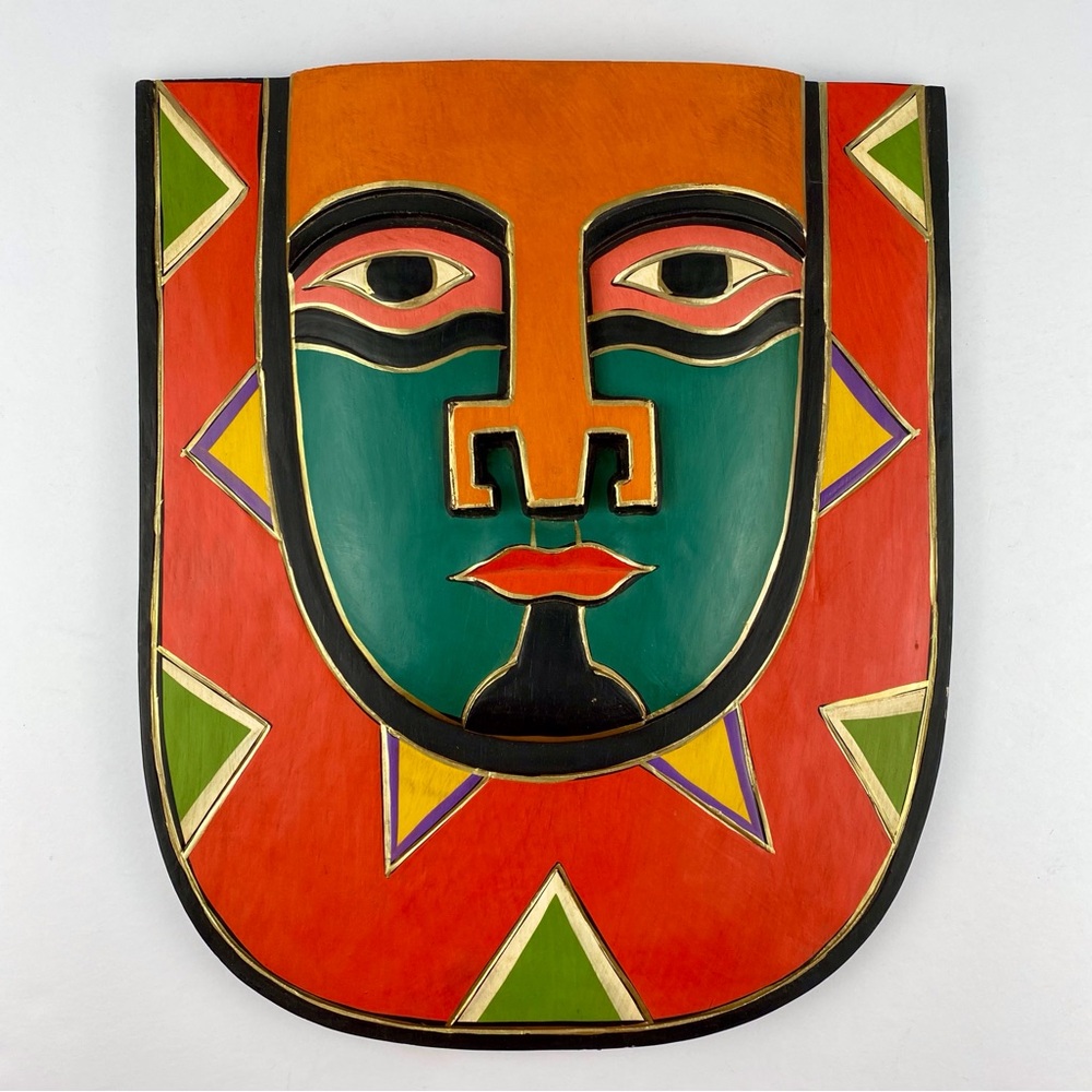 Laurel Burch Carved Wood Tribal Mask 13 x 11 in Aztec Mayan Tiki Vintage